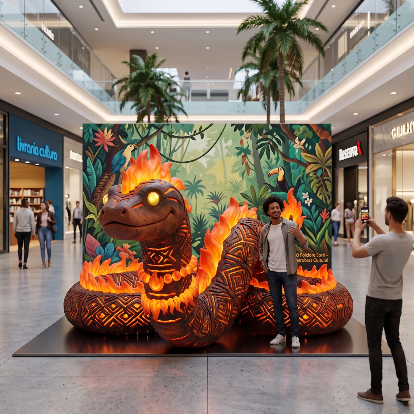 Estudo conceitual de uma escultura de Boitatá em shopping